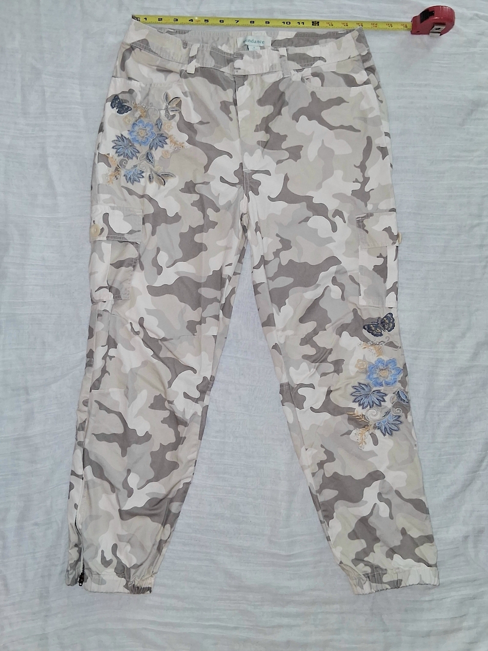Sundance Beige and Gray Camo Joggers with Blue Floral Embroidery